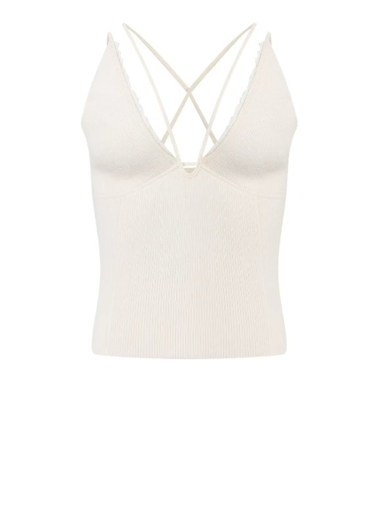 CNLEEWEI Women's Lace-Panel Deep V-Neck Knit-Textured Tank Cardigan Set