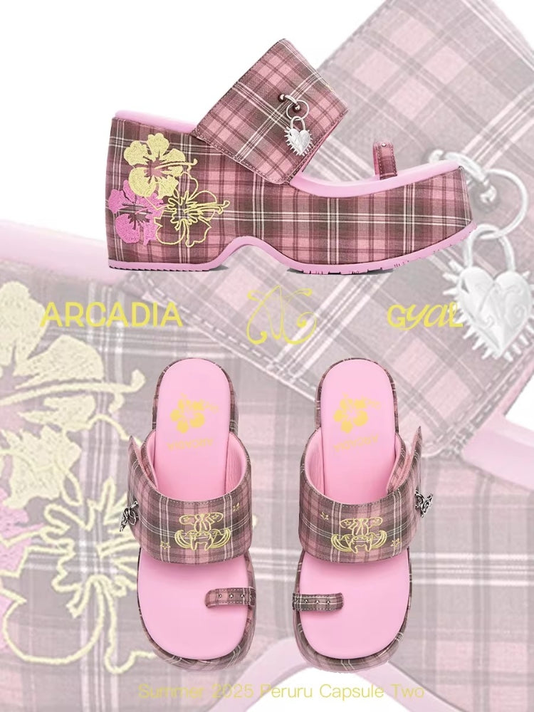 Arcadiagyal Peruru Island-Style Hibiscus Pink Checked Platform Flip-Flops