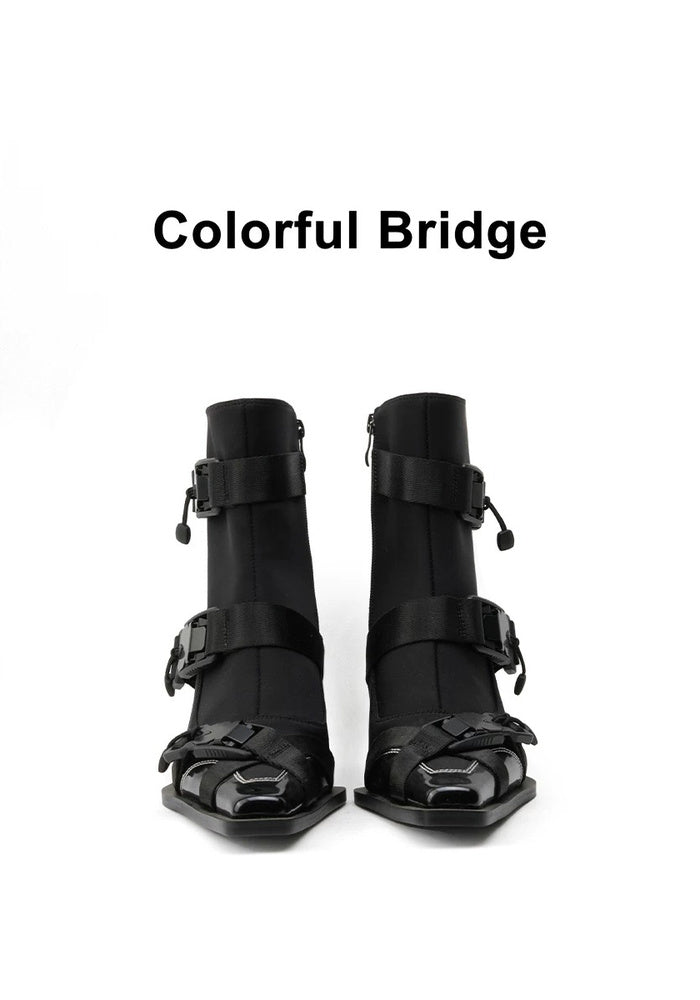 Techwear Stretch Satin Ankle Boots 6.5CM Grooved Block Heel Square Toe Quick Release Buckle Strap Gothic Booties