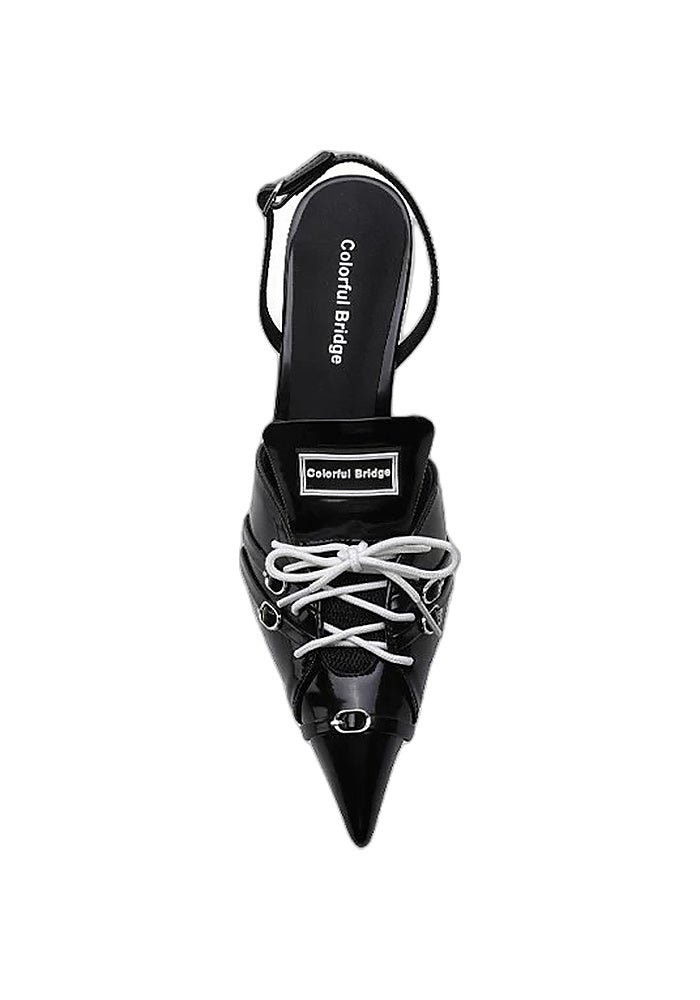 Patent Leather Lace-Up Pointed Toe Slingback Pumps 7.5CM Thin Stiletto Heel Y2K Avant-Garde Mules