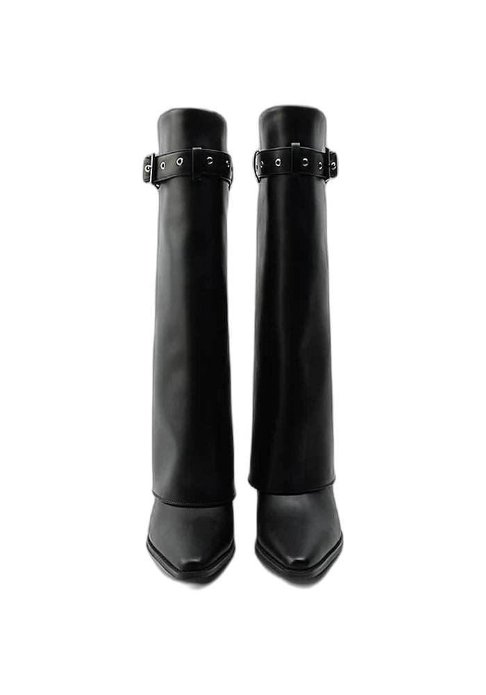 Calfskin Fold-Over Knee High Boots 6.5CM Block Heel Pointed Toe Buckle Strap Western Tall Boots
