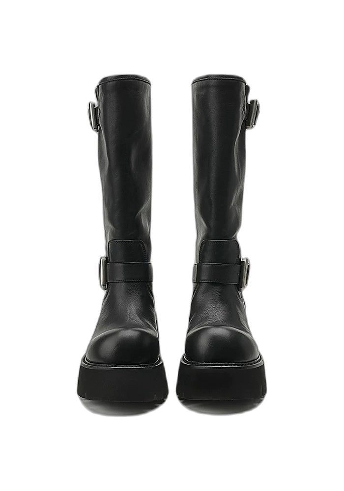 Leather Double Buckle Platform Mid-Calf Moto Boots 7CM Gothic Avant-Garde Block Heel Riding Boots