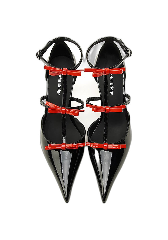Triple Red Bow T-Strap Ankle Stiletto Pumps 8.5CM Romantic Avant-Garde Pointed Heels