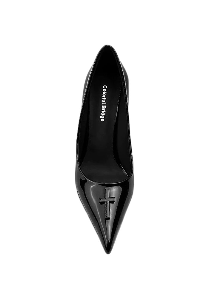 Patent Leather Cross Decor Wedge Pumps 8CM Pointed Toe Gothic Wedge Heel Dress Shoes