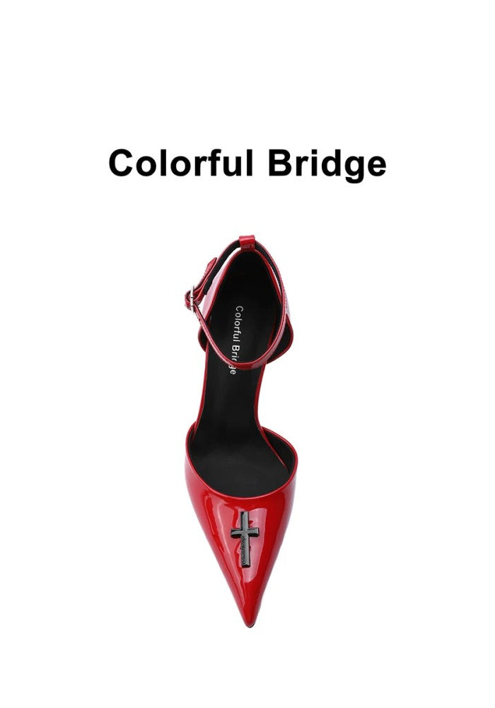 Patent Leather Ankle Strap Stiletto Pumps 10CM Cross Sculpted Heel Hollow Pointed Toe Avant-Garde Gothic Heels