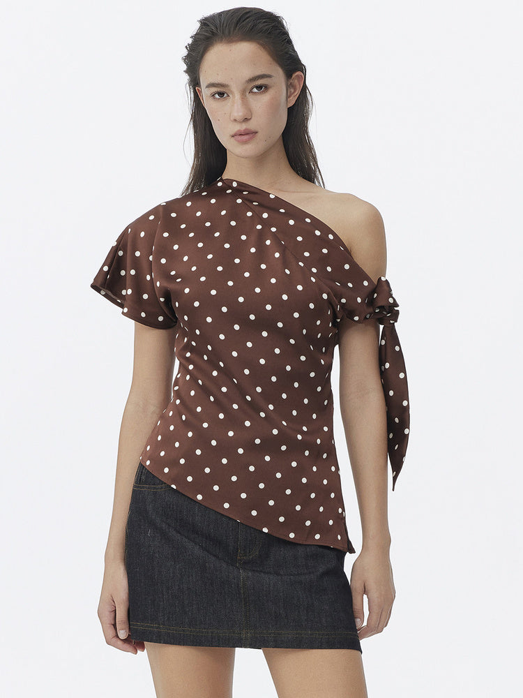 DPERCENT Polka Dot One-Shoulder Tie-Sleeve Top