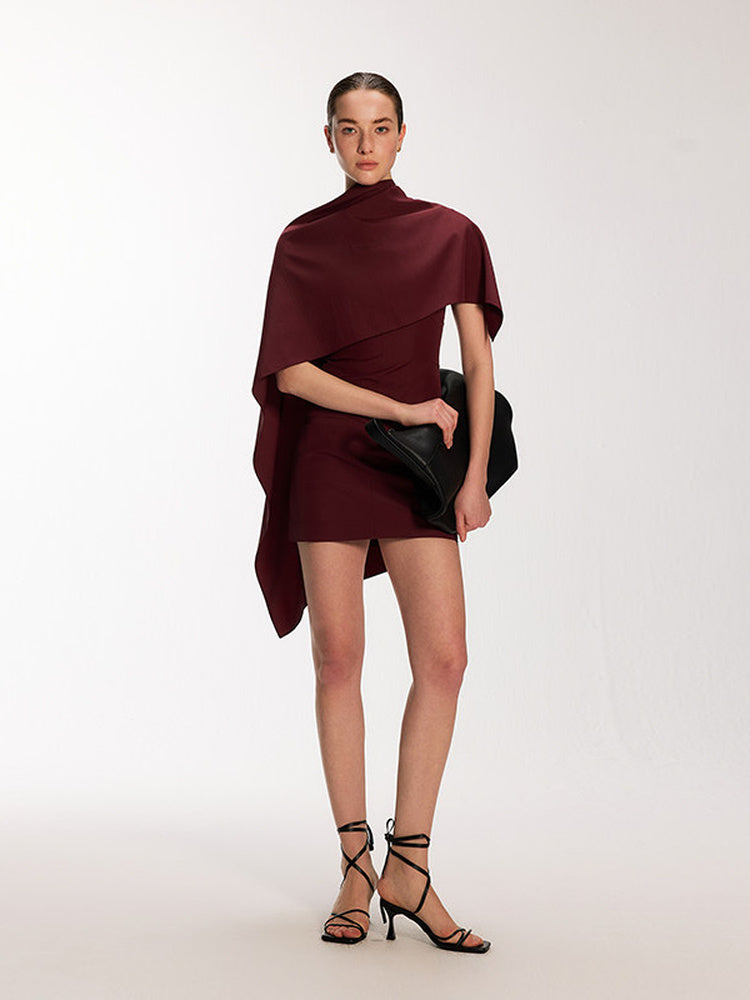 DPERCENT Polka Dot Mini Dress with Draped Cape Panel