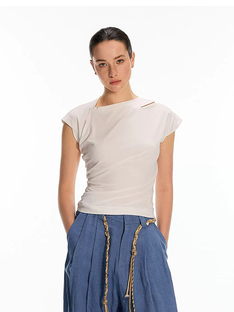 DPERCENT Asymmetric Draped Cap-Sleeve T-Shirt