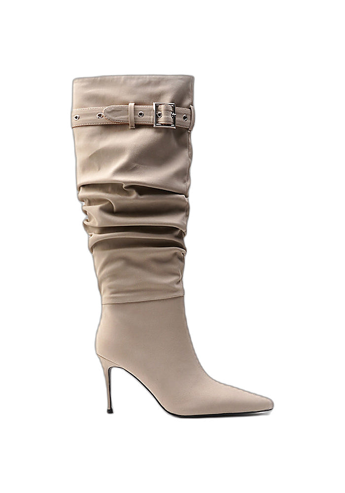 Ruched Buckle Knee-High Stiletto Boots Pointed Toe Avant-Garde High Heel Boots