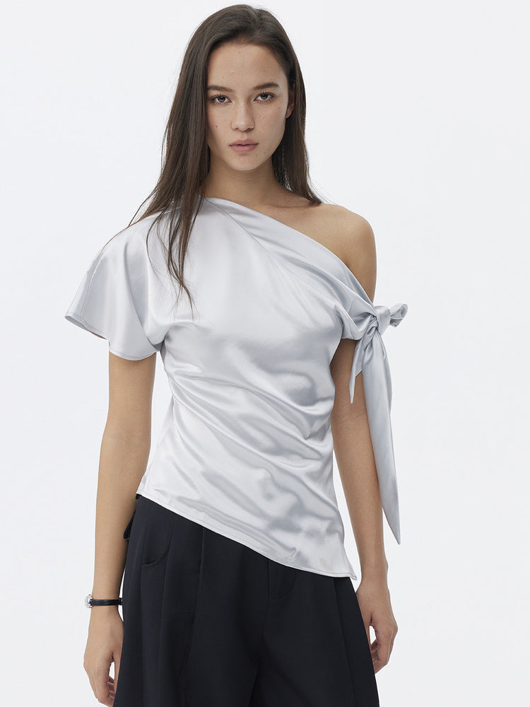 DPERCENT Polka Dot One-Shoulder Tie-Sleeve Top