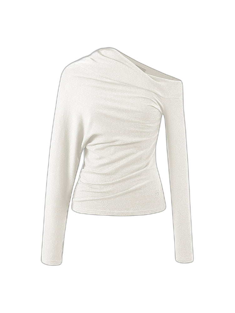 DPERCENT Asymmetric Off-Shoulder Draped Long-Sleeve Top
