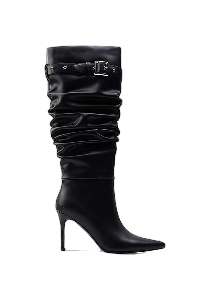 Ruched Buckle Knee-High Stiletto Boots Pointed Toe Avant-Garde High Heel Boots