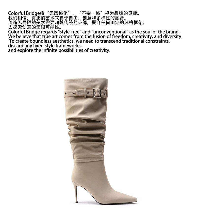 Ruched Buckle Knee-High Stiletto Boots Pointed Toe Avant-Garde High Heel Boots