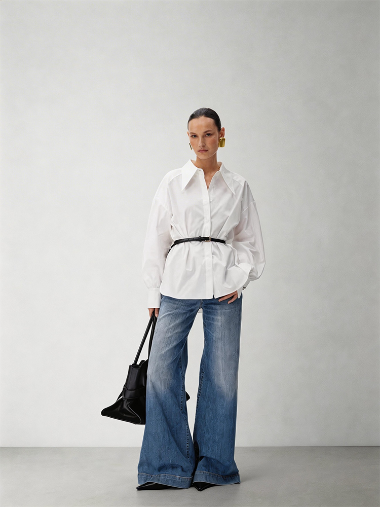 CNLEEWEI Detachable Color-Blocked Skin-Tight Belt with a Unique Pointed Collar and Puffed Sleeves Shirt