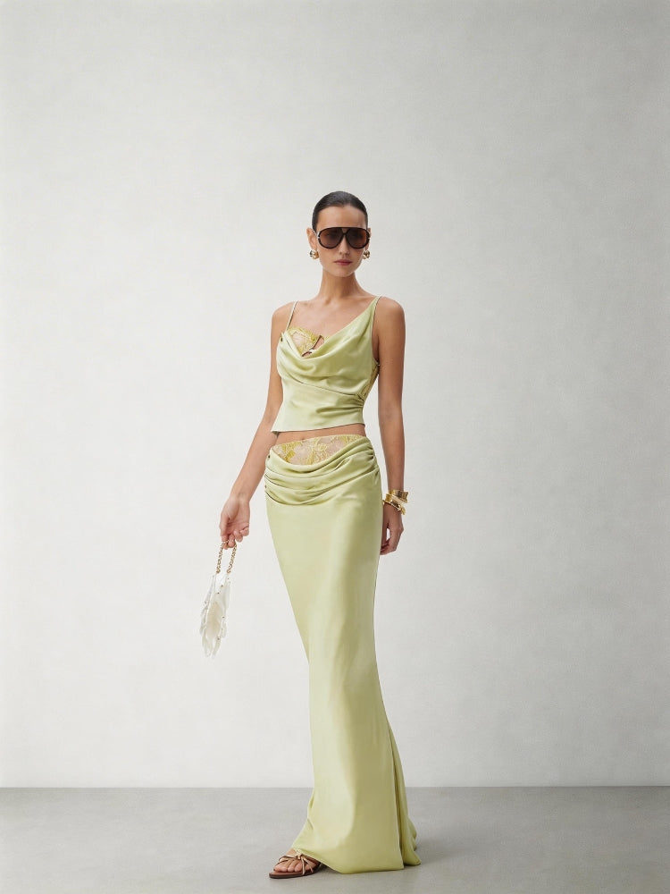 CNLEEWEI Acetate Satin Lace Mock Two-Piece Off-the-Shoulder Tank Top