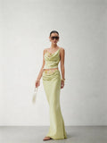 CNLEEWEI Acetate Satin Lace Mock Two-Piece Off-the-Shoulder Tank Top
