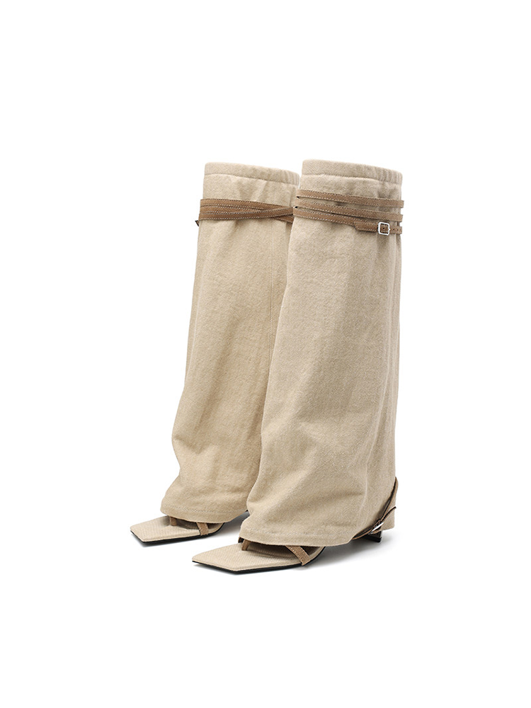 Metal-Detail High-Heel Knee-High Boots with Heel-Lifting Toe Clips and Fashionable Roman Sandals