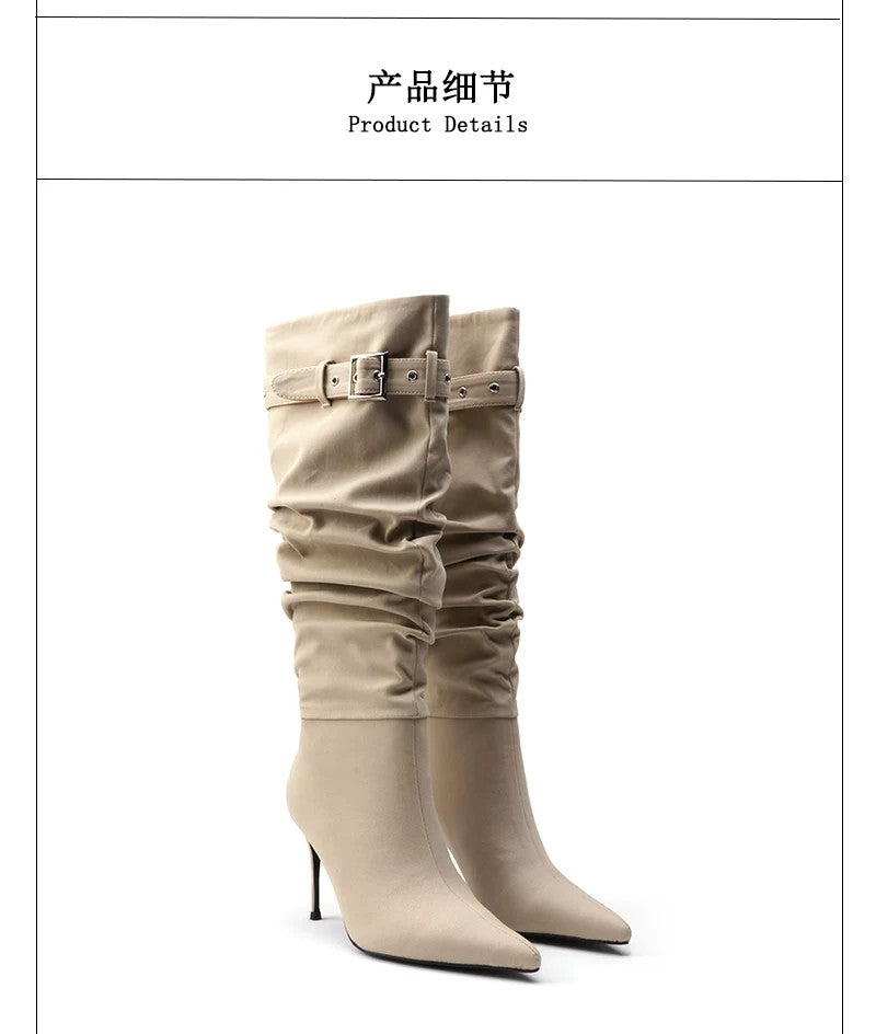 Ruched Buckle Knee-High Stiletto Boots Pointed Toe Avant-Garde High Heel Boots