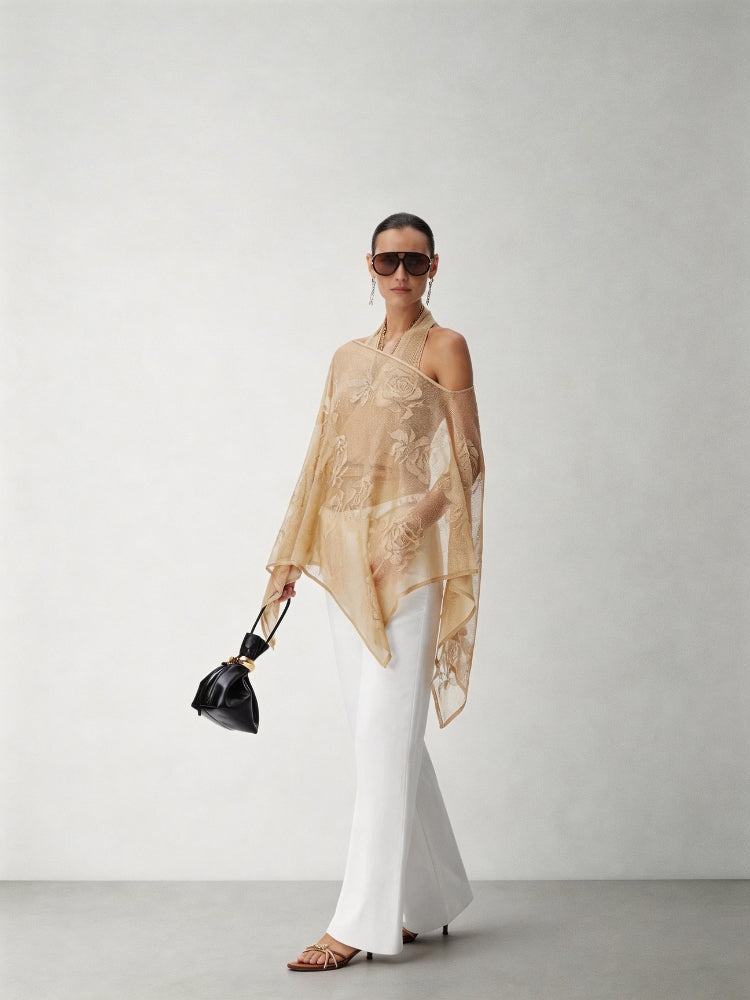 CNLEEWEI Double-Knit, Double-Layer Fabric Rose Jacquard Sheer Lustrous Gold-Threaded Woolen Shawl