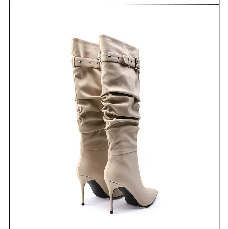 Ruched Buckle Knee-High Stiletto Boots Pointed Toe Avant-Garde High Heel Boots