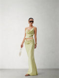 CNLEEWEI Women's Sexy Acetate Lace-Panel Pleated Satin Fishtail Skirt