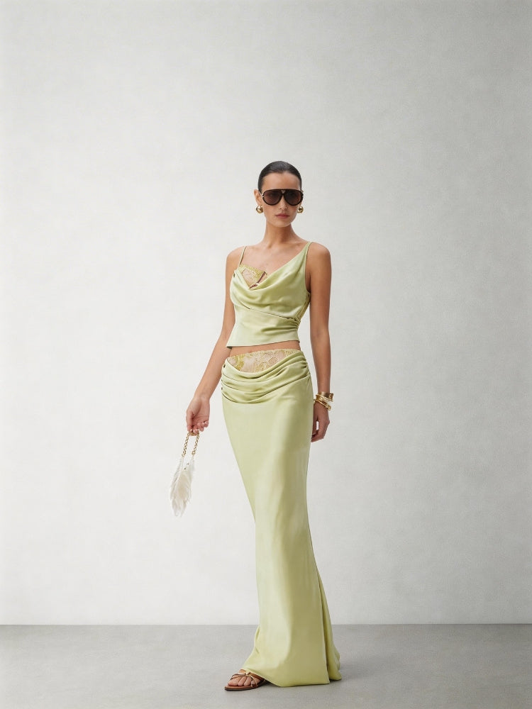 CNLEEWEI Women's Sexy Acetate Lace-Panel Pleated Satin Fishtail Skirt