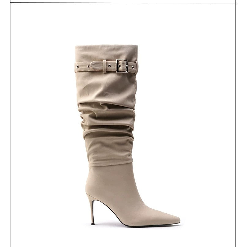 Ruched Buckle Knee-High Stiletto Boots Pointed Toe Avant-Garde High Heel Boots