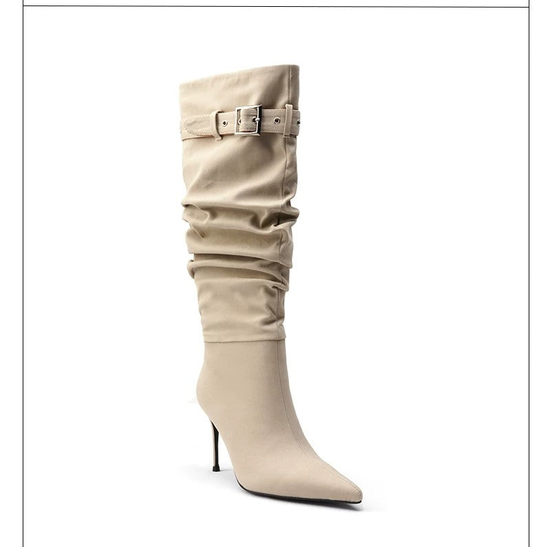 Ruched Buckle Knee-High Stiletto Boots Pointed Toe Avant-Garde High Heel Boots