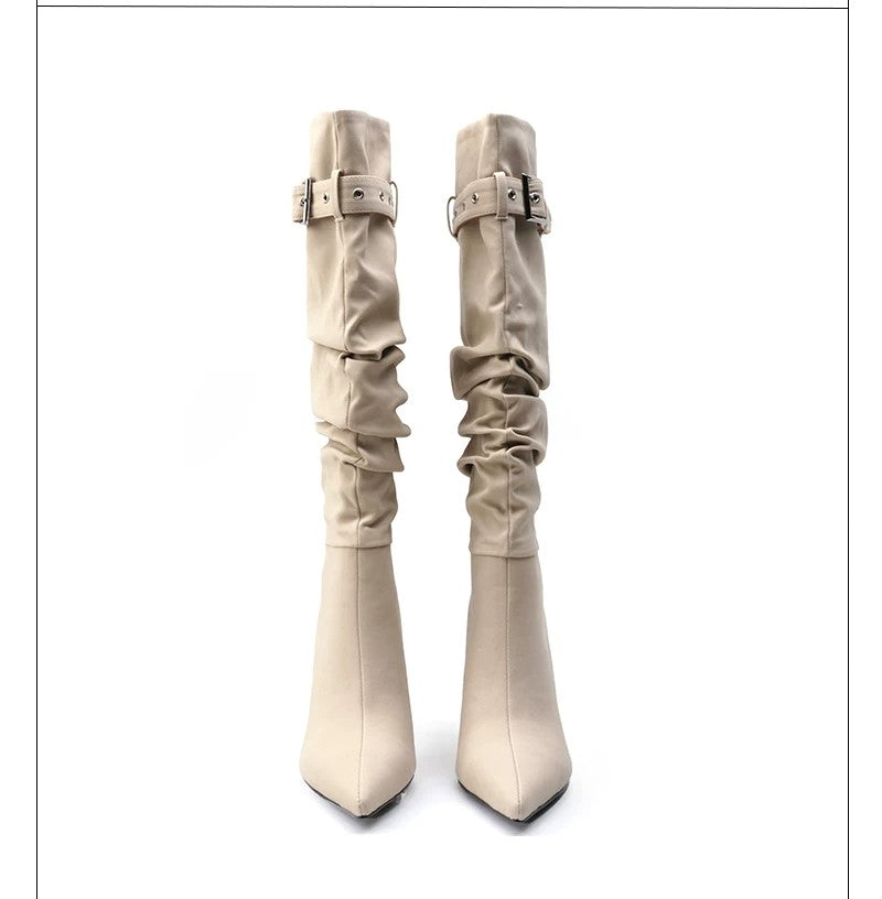 Ruched Buckle Knee-High Stiletto Boots Pointed Toe Avant-Garde High Heel Boots