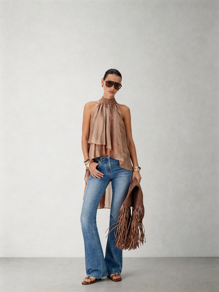 CNLEEWEI Shimmering Lace-Trimmed, Slightly Sheer, Gold-Toned, Asymmetrical Layered Top for Women