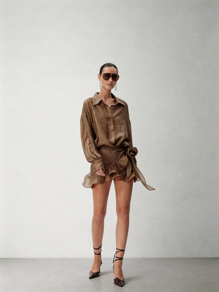 CNLEEWEI Ruffled, Detachable Flower, Leopard-Print Jacquard Wrap-Style Mini Skirt