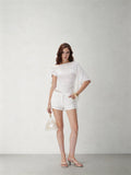 CNLEEWEI Women's Simple and Versatile Short Off-the-Shoulder Asymmetrical Lace-Trimmed Top