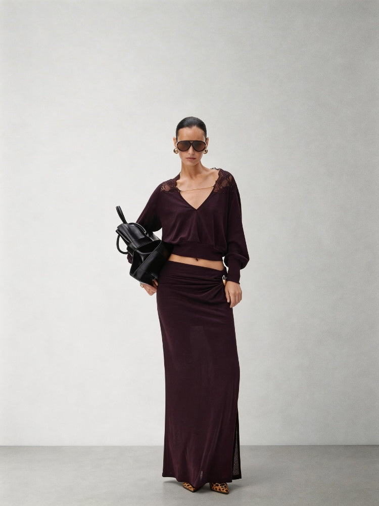 CNLEEWEI Detachable Metal Buckle Twisted Split-Front Knit Skirt