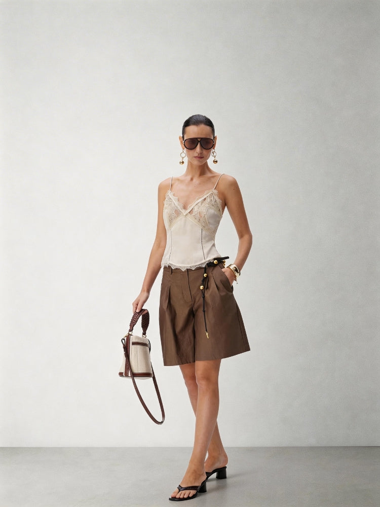 CNLEEWEI Lace-Trimmed Satin Halter Top for Women