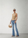 CNLEEWEI Lace-Panel V-Neck Halter-Neck Ice-Silk Knit Tank Top