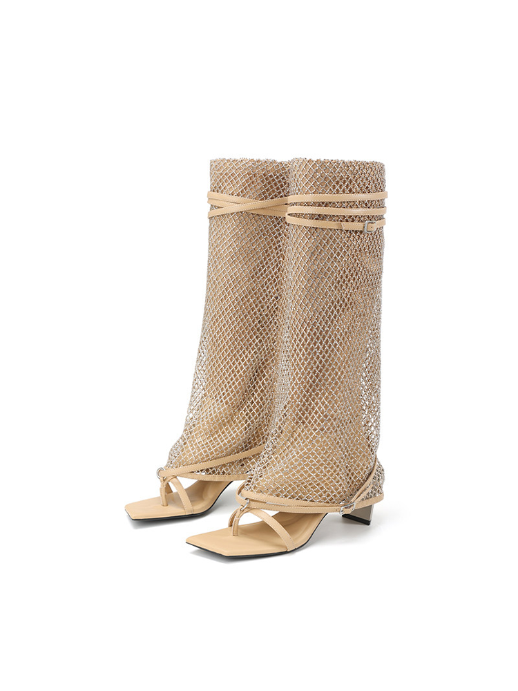Metal-Detail High-Heel Knee-High Boots with Heel-Lifting Toe Clips and Fashionable Roman Sandals