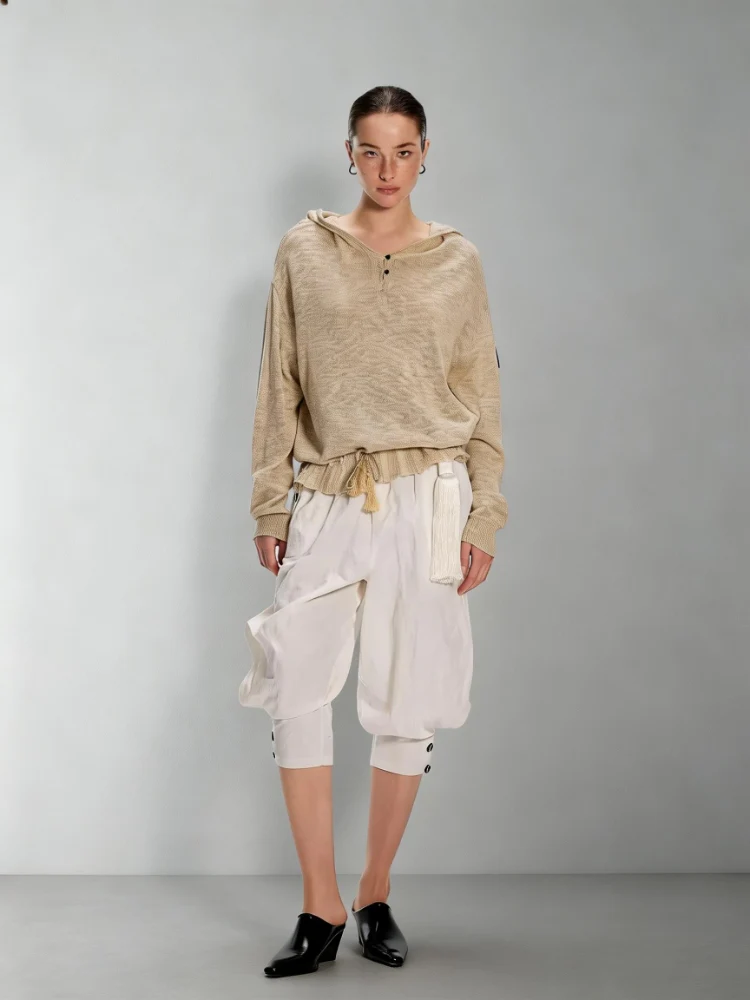 Dpercent Tencel-Linen Blend Color-Blocked Multi-Button Lightweight T-Shirt with Asymmetrical Hem