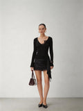CNLEEWEI Lace V-Neck Chain-Detail Flared-Sleeve Knit Top