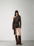 CNLEEWEI Striped Off-the-Shoulder Pleated Blouse and Wrap-Style Shorts Set