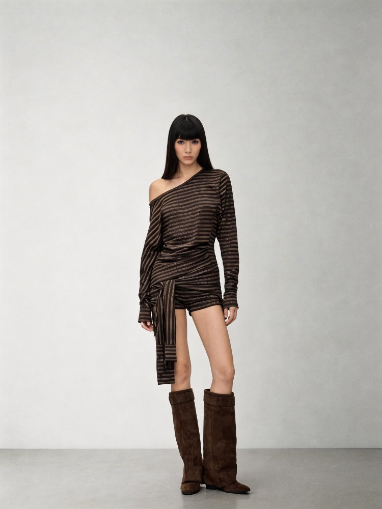 CNLEEWEI Striped Off-the-Shoulder Pleated Blouse and Wrap-Style Shorts Set