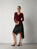 CNLEEWEI Lace-Paneled Pleated Wrap-Style Knit Top