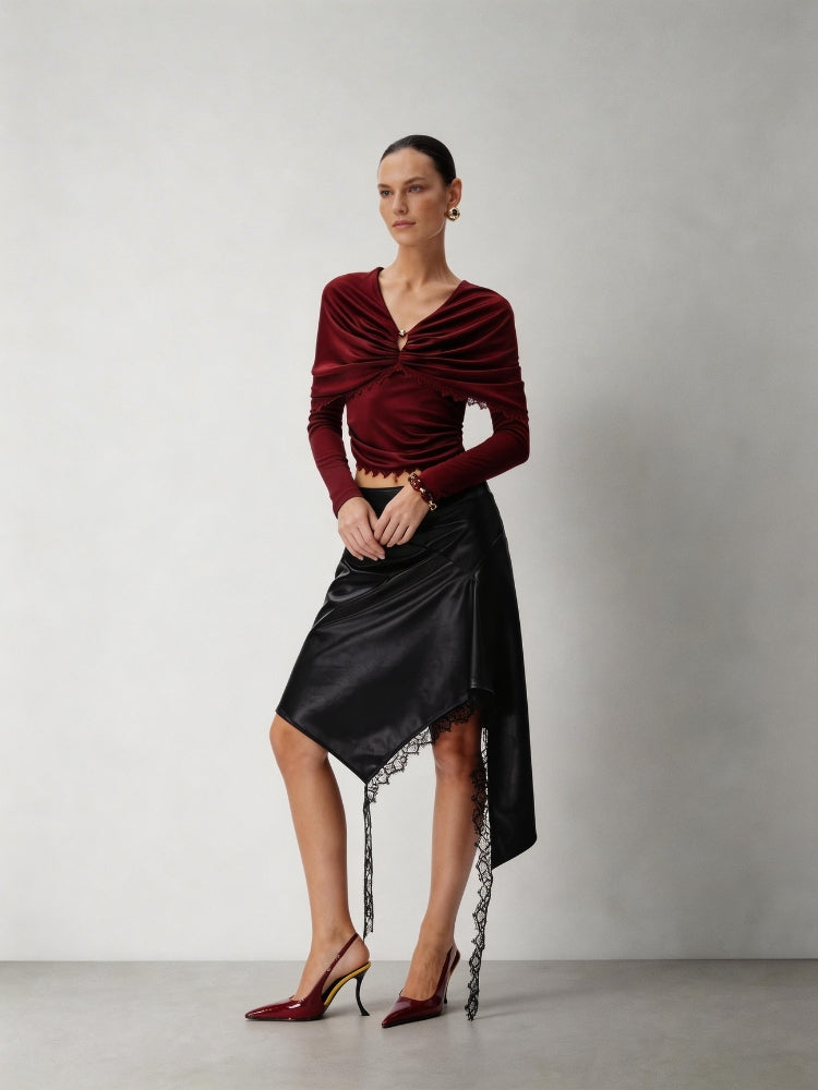CNLEEWEI Lace-Paneled Pleated Wrap-Style Knit Top