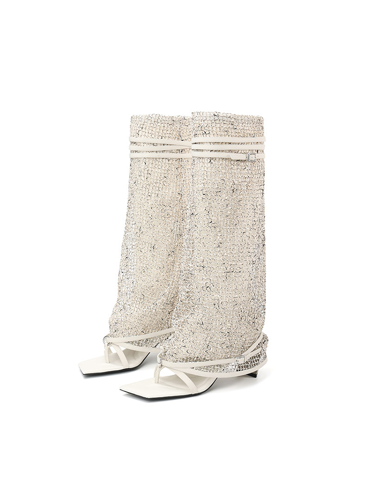 Metal-Detail High-Heel Knee-High Boots with Heel-Lifting Toe Clips and Fashionable Roman Sandals