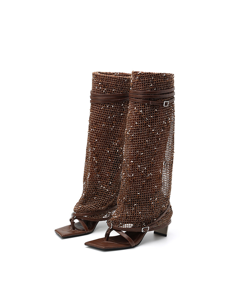 Metal-Detail High-Heel Knee-High Boots with Heel-Lifting Toe Clips and Fashionable Roman Sandals