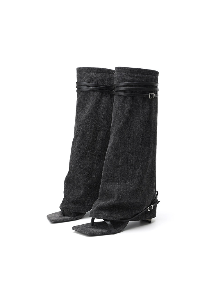 Metal-Detail High-Heel Knee-High Boots with Heel-Lifting Toe Clips and Fashionable Roman Sandals