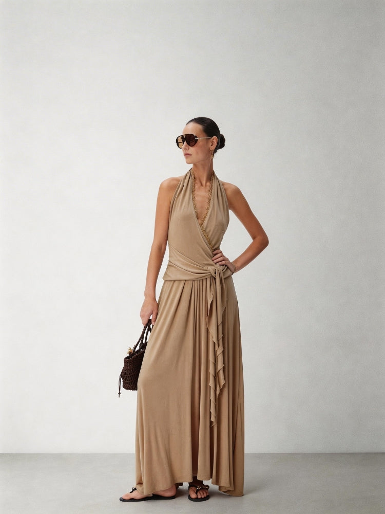 CNLEEWEI Romantic Layered V-Neck Halter-Neck Knit Dress with Tie-Front