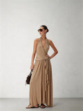 CNLEEWEI Romantic Layered V-Neck Halter-Neck Knit Dress with Tie-Front