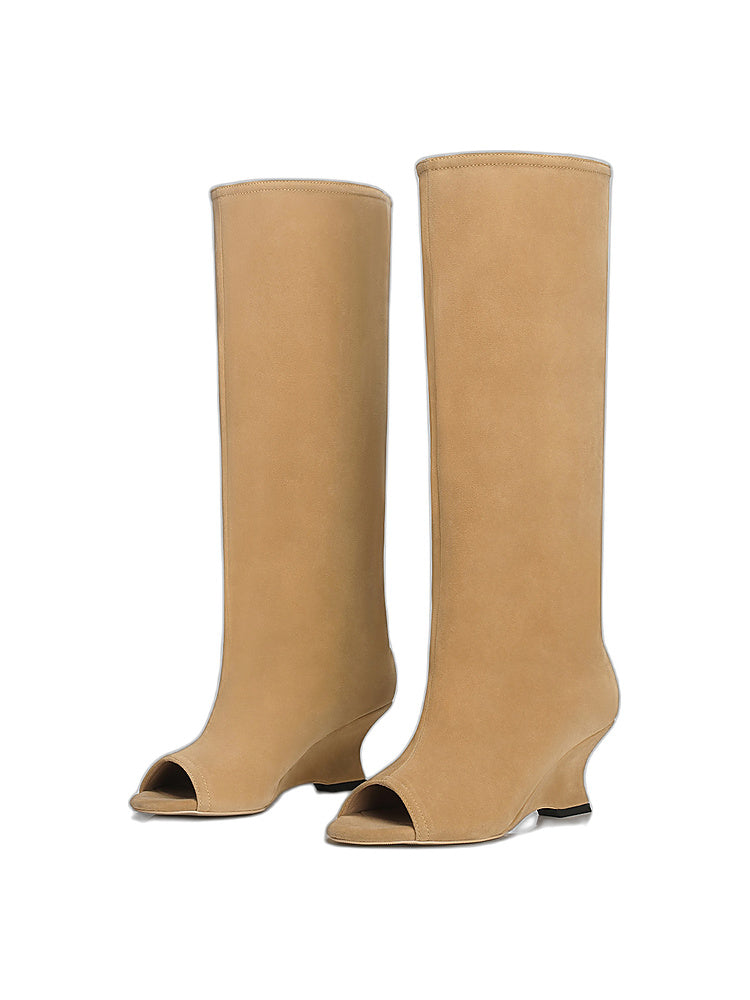 Peep-Toe Wedge Knee-High Boots