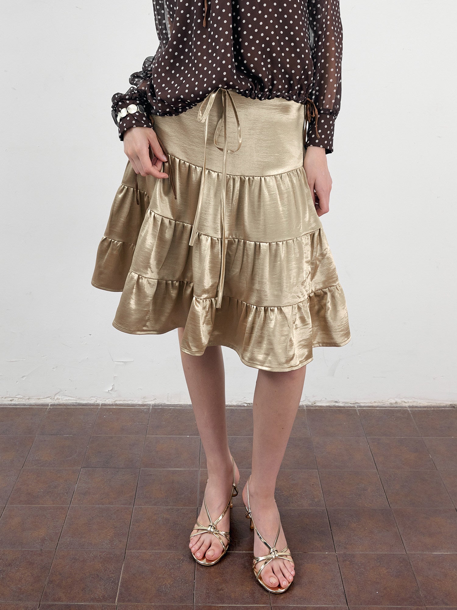 2AM POETRY Gold Pleated Skirt: Pleated, Drawstring Waist, Layered A-Line Midi Skirt