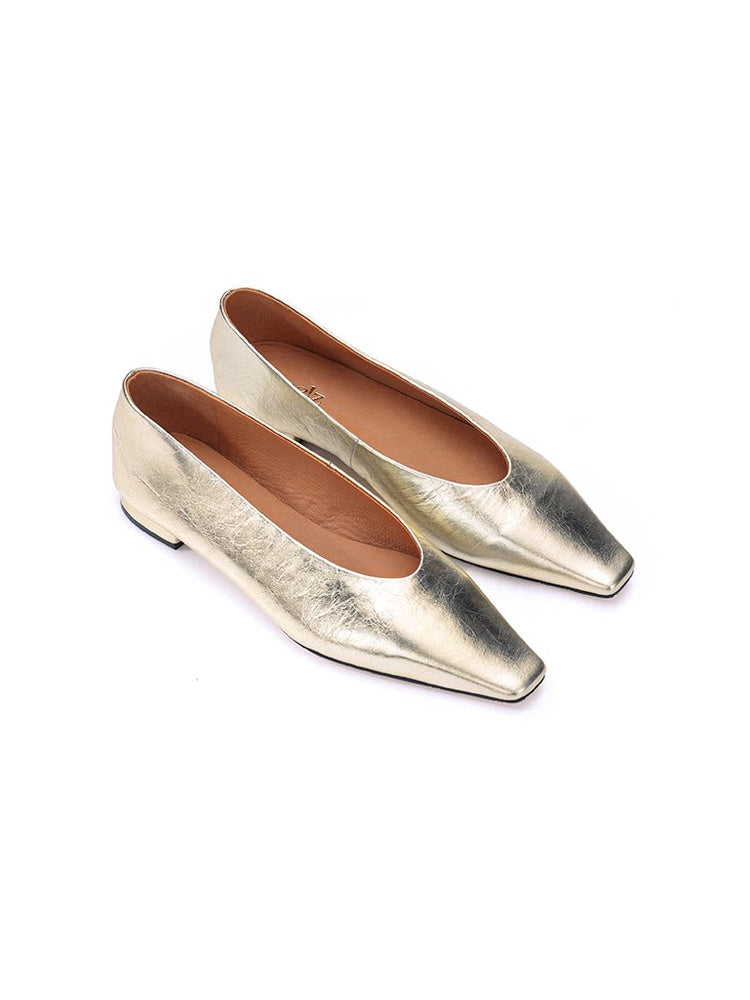 Metallic Square-Toe Leather Ballet Flats